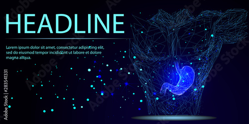 Stomach. Internal digestion organ. Low poly wireframe style. Technology in medicine. Abstract illustration isolated on blue background. Vector medicine illustration. Headline