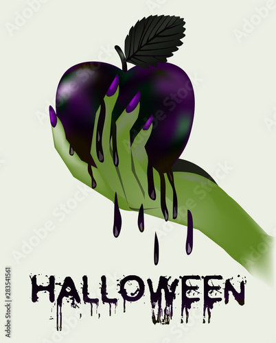 Happy halloween. Poisoned apple and witch, vector illustration
