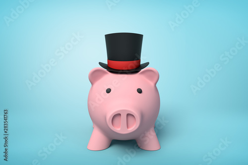 3d front close-up rendering of pink piggy bank wearing black top hat with red ribbon on light-blue background.