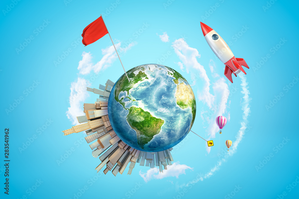 Naklejka premium 3d rendering of colored earth globe with city buildings, air balloons, red flag and space rocket on blue sky background