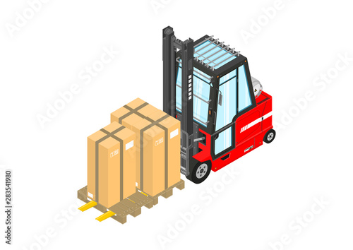 Gas powered forklift. Isometric view of red lpg counterbalance forklift. Flat vector.