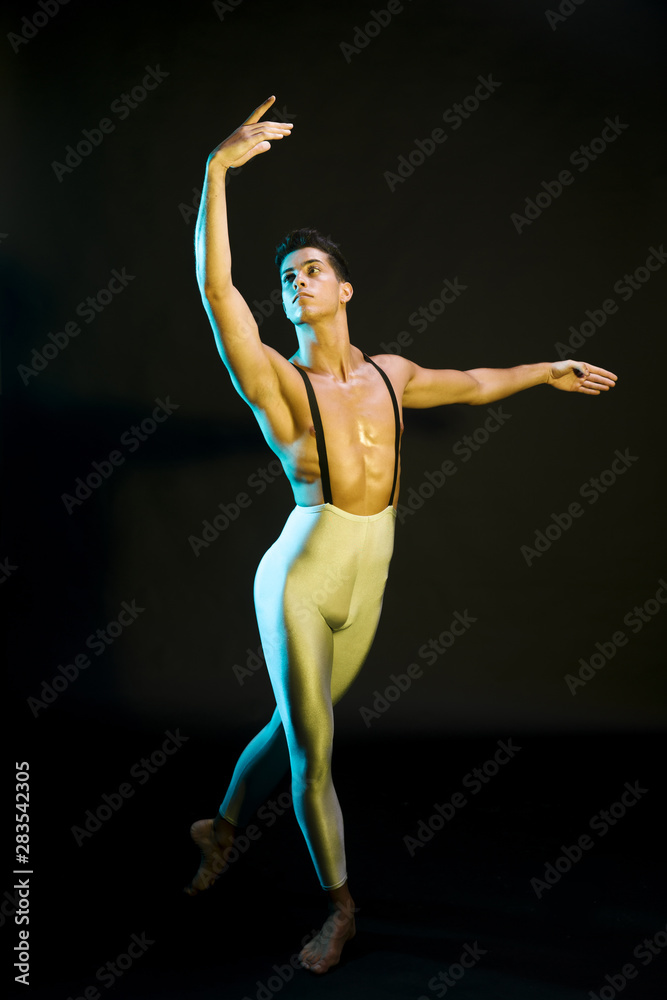 Professional male ballet dancer performing in spotlight