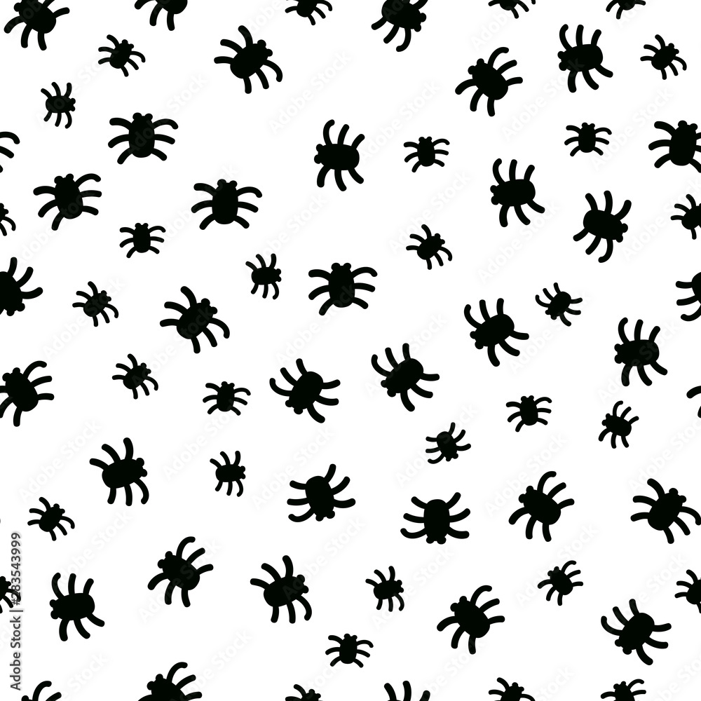 Fototapeta premium Black spiders seamless pattern for halloween surface decor. Vector small sign of scary insects.