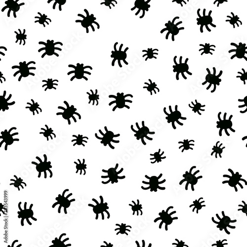 Black spiders seamless pattern for halloween surface decor. Vector small sign of scary insects.