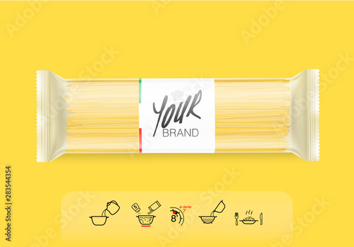 Transparent package with spaghetti pasta on yellow background. Vector illustration. Can be use for template your design, promo, adv. EPS10.	