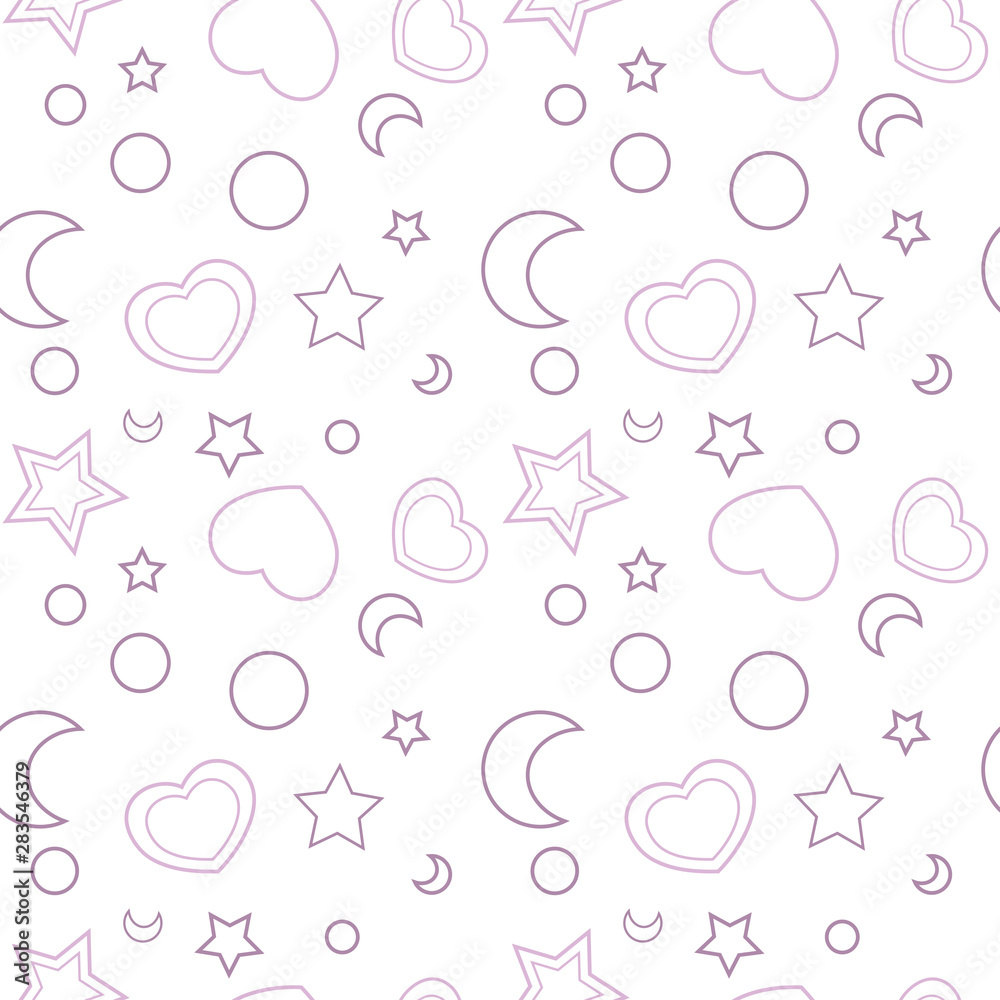 Seamless pattern with cartoon stars, moon, hearts and dots on white background Seamless pattern with cartoon stars, moon, hearts and dots on white background