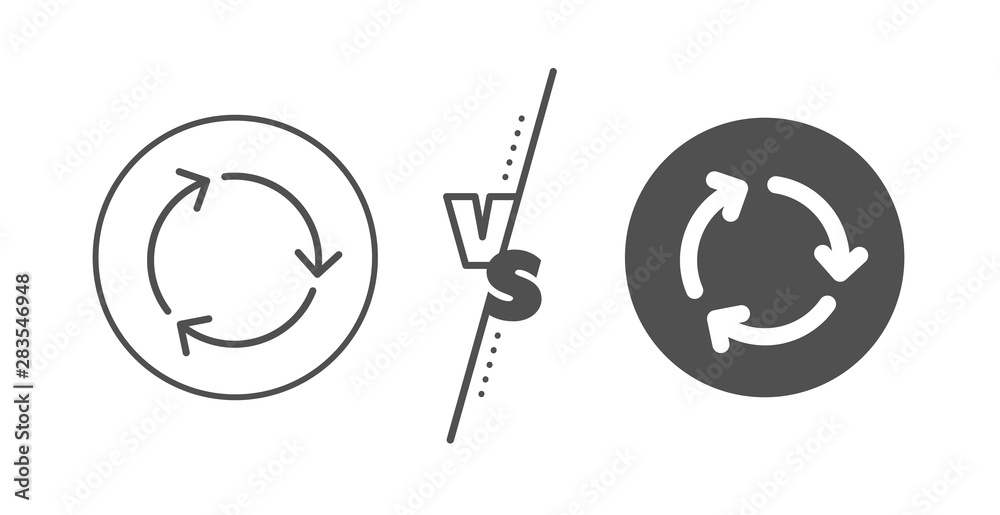 Recycling waste symbol. Versus concept. Recycle arrow line icon. Reduce and Reuse sign. Line vs classic recycling icon. Vector