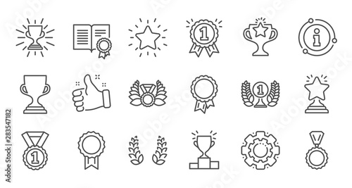 Award line icons. Winner medal, Victory cup and Trophy reward. Achievement linear icon set. Quality line set. Vector