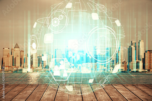 Double exposure of social network theme drawing and cityscape background. Concept of people connecton. photo