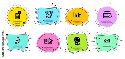 Recovery server, Alarm clock and Infochart line icons set. Chat bubbles with quotes. Calculator, 3d chart and Upper arrows signs. Success, Engineering documentation symbols. Backup data, Time. Vector