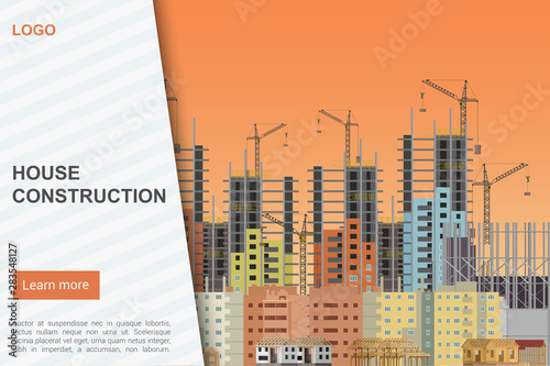 House construction landing page vector template. Architectural company website homepage interface idea with flat vector illustrations. Building industry, city development web banner cartoon concept