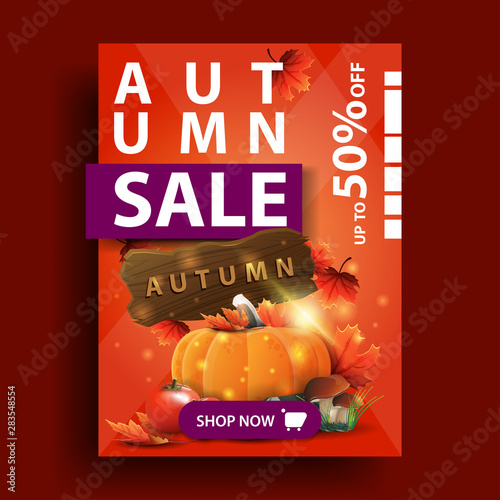 Autumn sale, vertical orange discount banner with harvest of vegetables and a wooden sign