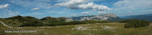 Panoramic view of the Schneealpenhaus and the Heukuppe, the highest mountain of Rax in Lower Austria, Europe
