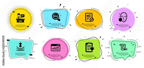New products, Patient history and Medical prescription line icons set. Chat bubbles with quotes. Resilience, Website statistics and Face protection signs. Vector