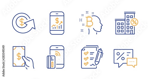 Survey checklist, Bitcoin think and Dollar exchange line icons set. Mobile finance, Contactless payment and Loan house signs. Receive money, Discounts symbols. Report, Cryptocurrency head. Vector