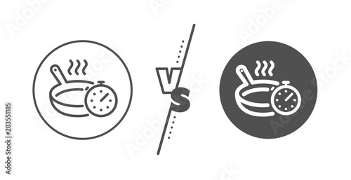 Cooking timer sign. Versus concept. Frying pan line icon. Food preparation symbol. Line vs classic frying pan icon. Vector