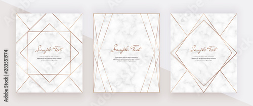 Golden geometric polygonal lines frames on the marble texture. Trendy templates for wedding invitation, banner, flyer, poster, greeting.