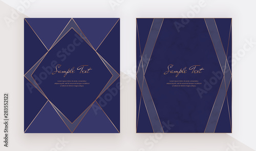 Luxury blue design cards with golden polygonal lines frames. Trendy templates for banner, flyer, poster, greeting.