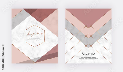 Marble geometric design with pink and grey triangular, golden polygonal lines. Modern background for wedding invitation, banner, card, flyer, poster, save the date