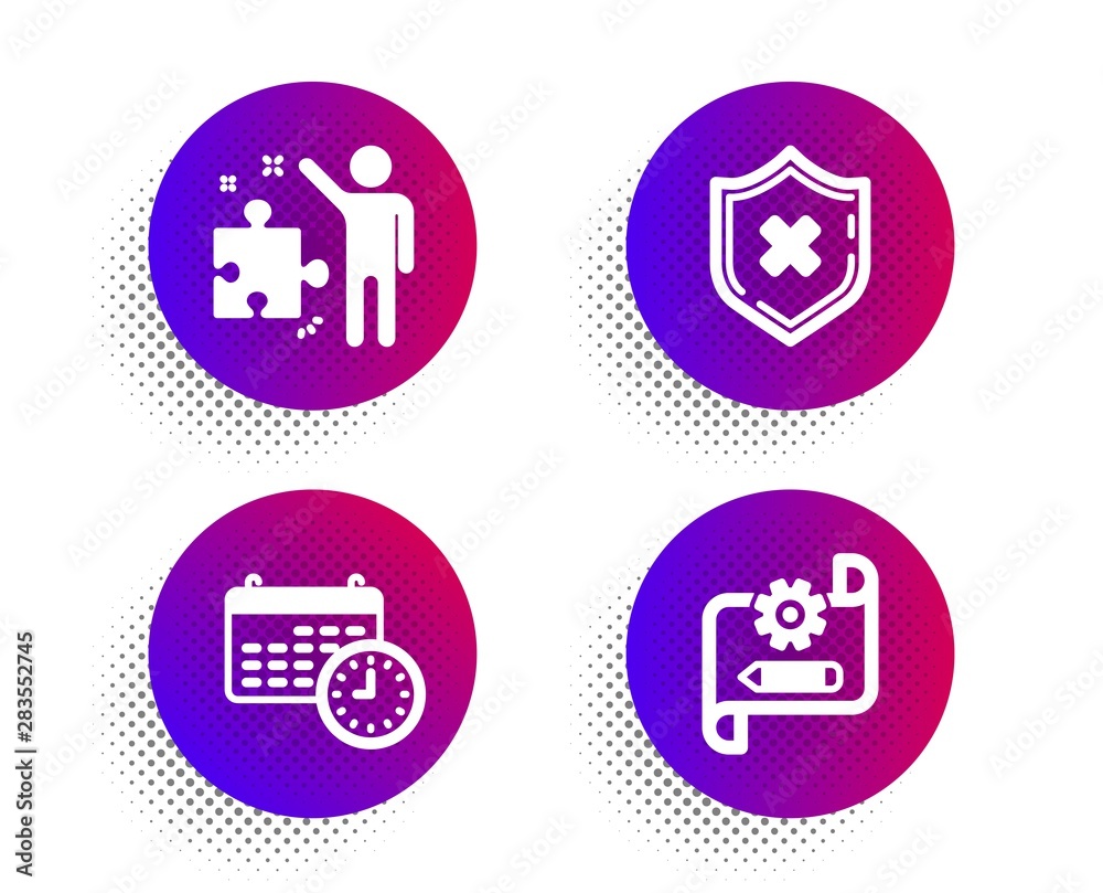 Calendar, Reject protection and Strategy icons simple set. Halftone dots button. Cogwheel blueprint sign. Time, No security, Business plan. Edit settings. Technology set. Vector Calendar, Reject protection and Strategy icons simple set. Halftone dots button. Cogwheel blueprint sign. Time, No security, Business plan. Edit settings. Technology set. Vector
