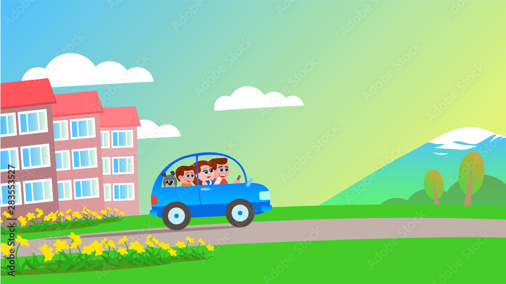 A cheerful and happy family: father, mother, son and dog leave the city in a blue car to relax in nature. Summer morning. The weather is sunny. Vector illustration.