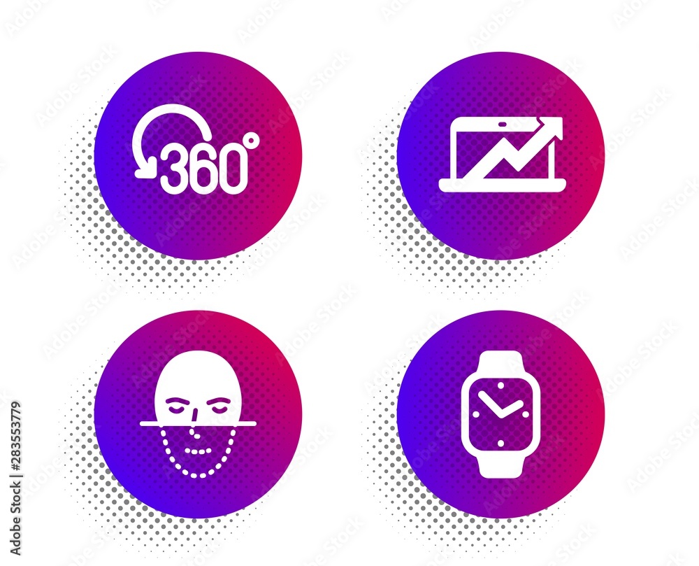Sales diagram, Full rotation and Face recognition icons simple set. Halftone dots button. Smartwatch sign. Sale growth chart, 360 degree, Faces biometrics. Digital time. Science set. Vector Sales diagram, Full rotation and Face recognition icons simple set. Halftone dots button. Smartwatch sign. Sale growth chart, 360 degree, Faces biometrics. Digital time. Science set. Vector