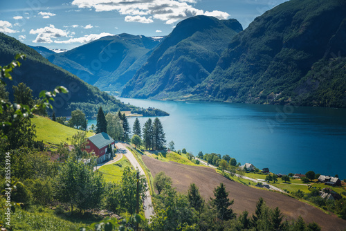 Fototapeta Naklejka Na Ścianę i Meble -  Norway fjord shore, Aurland fjord, beautiful Scandinavian landscape, travel to Norway