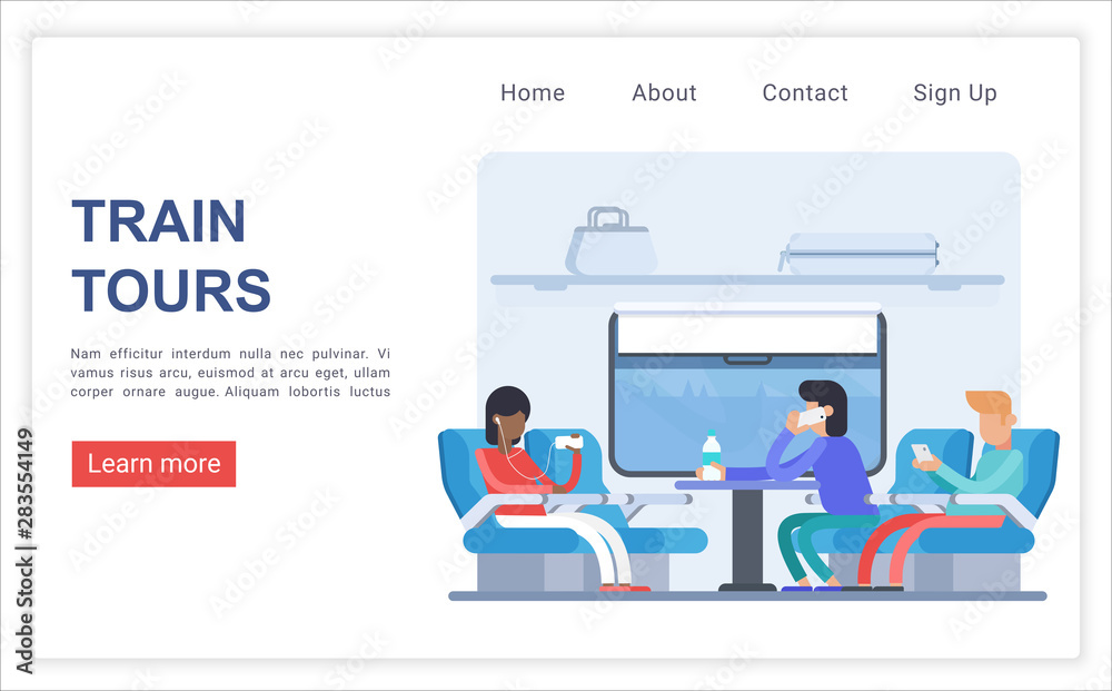 Train tours landing page vector template. Urban travel, city transportation website homepage interface layout with flat vector illustrations. Passenger conveyance service web banner cartoon concept