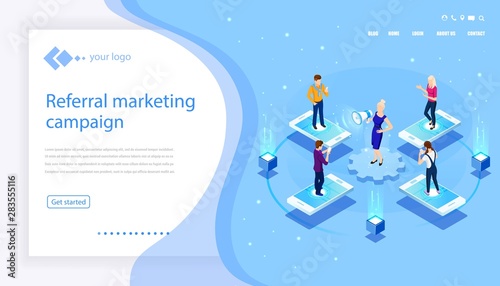 Vector isometric illustration. Concept Referral marketing. Isometric concept. Social media, network marketing, partnership. Digital E-marketing.  Analytics, strategy. Referring mechanism. Campaign
