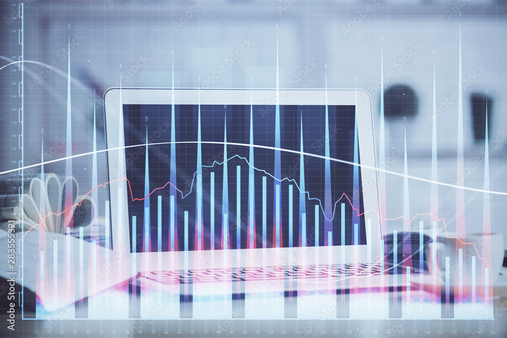 Stock market graph on background with desk and personal computer. Double exposure. Concept of financial analysis. Stock market graph on background with desk and personal computer. Double exposure. Concept of financial analysis.