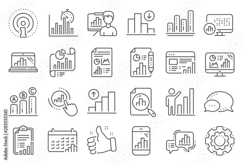 Graph line icons. Set of Chart presentation, Report, Increase growth graph icons. Analytics testing, Falling demand, Pie chart report. Calendar statistics, Stats. Ab testing, Increase sales. Vector