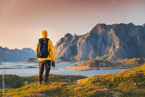 A traveler in a yellow jacket looks at the sunset on the Lofoten Islands, traveling to Northern Norway, a beautiful bright landscape photo