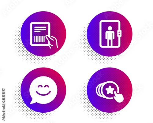 Smile chat, Elevator and Parcel invoice icons simple set. Halftone dots button. Hold heart sign. Happy face, Office transportation, Delivery document. Love brand. People set. Vector