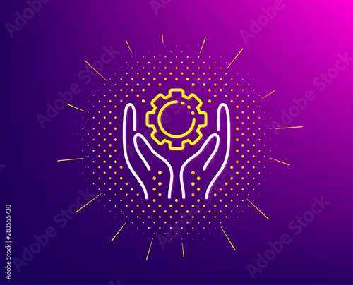 Employee hands line icon. Halftone pattern. Work gear sign. Development cogwheel symbol. Gradient background. Employee hand line icon. Yellow halftone pattern. Vector