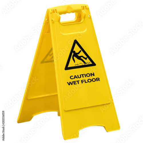 Bright Yellow Sign With Icon Of Falling Man On Wet Floor Isolated On White Background. Sign Of Warning To Careful And Cautious.