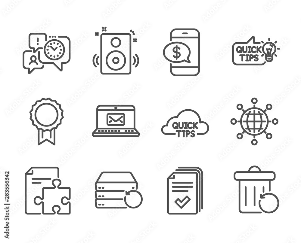 Set of Education icons, such as Recovery server, Phone payment, Handout, Reward, Speakers, Time management, Education idea, Strategy, Quick tips, Recovery trash, E-mail line icons. Vector