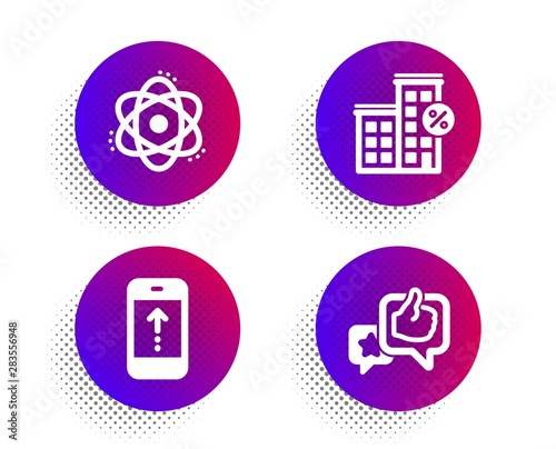 Loan house, Swipe up and Atom icons simple set. Halftone dots button. Like sign. Discount percent, Scrolling screen, Electron. Star rating. Technology set. Classic flat loan house icon. Vector