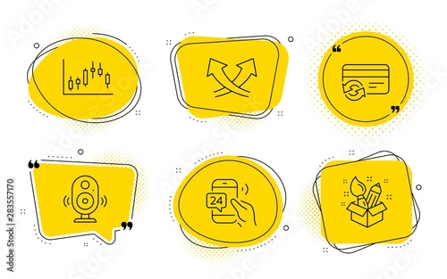 Speaker, Candlestick graph and Creativity signs. Chat bubbles. Intersection arrows, Change card and 24h service line icons set. Exchange, Payment method, Call support. Music sound. Vector