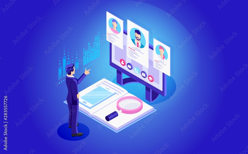 Isometric hiring, recruitment agency. Web site page concept. Template, banner, advertising, presentation. Job vacancy.