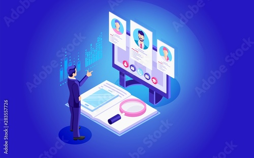 Isometric hiring, recruitment agency. Web site page concept. Template, banner, advertising, presentation. Job vacancy.