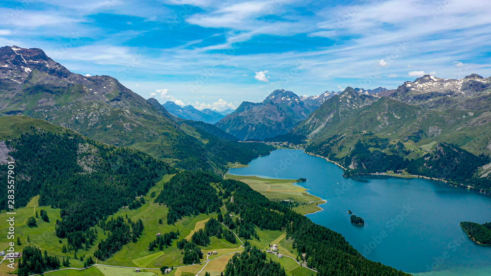 Aerial view over Lake Sils in Switzerland Aerial view over Lake Sils in Switzerland