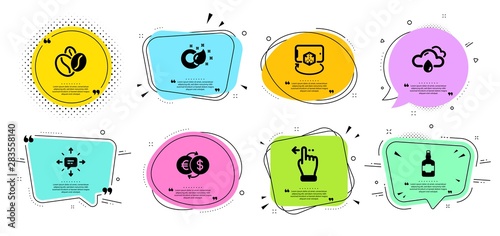 Sms, Touchscreen gesture and Whiskey bottle line icons set. Chat bubbles with quotes. Augmented reality, Paint brush and Rainy weather signs. Money exchange, Coffee beans symbols. Vector