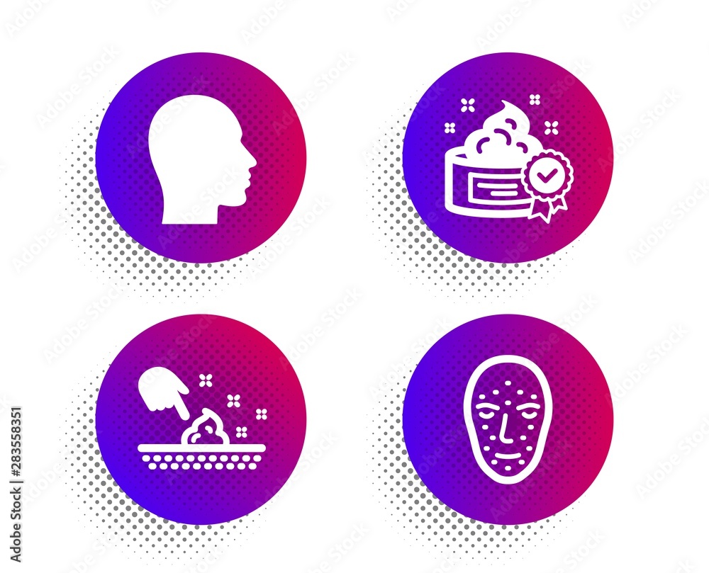 Cream, Skin moisture and Head icons simple set. Halftone dots button. Face biometrics sign. Best lotion, Wet cream, Human profile. Facial recognition. Medical set. Classic flat cream icon. Vector