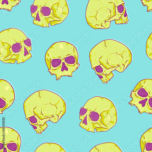 Vector Seamless Pattern of Cartoon Green Skulls on Turquoise Background.