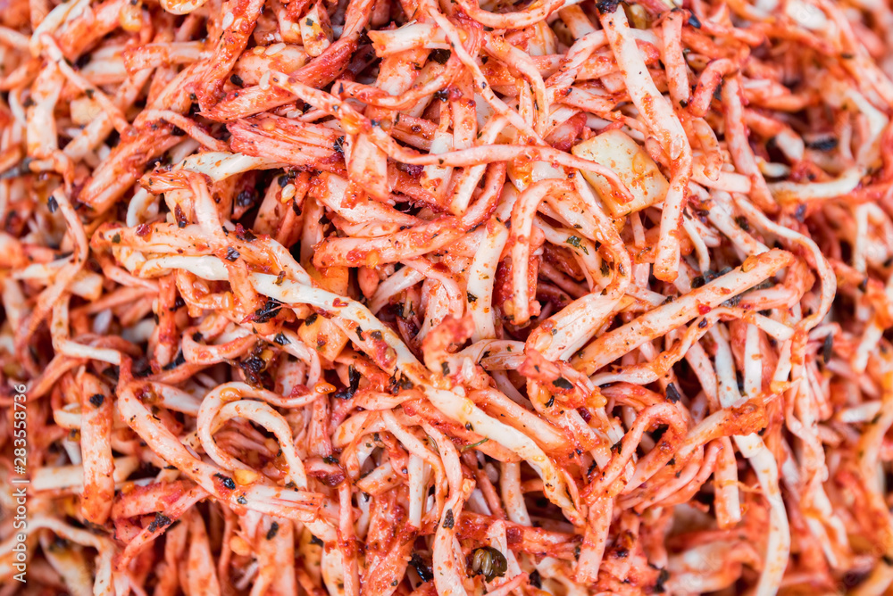 Fototapeta premium Cheese strips with spices close up background