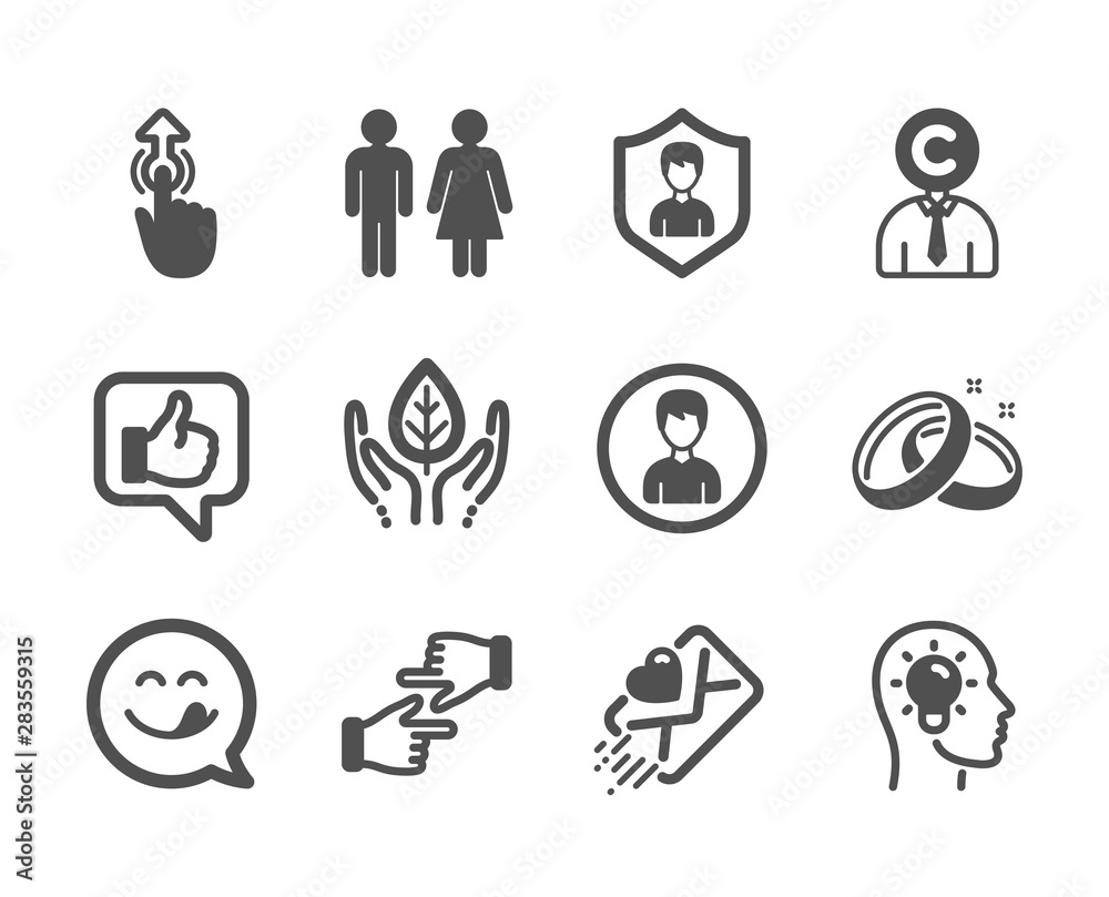 Set of People icons, such as Idea head, Copyrighter, Security agency, Swipe up, Restroom, Love letter, Fair trade, Person, Like, Yummy smile, Wedding rings, Click hands classic icons. Vector Set of People icons, such as Idea head, Copyrighter, Security agency, Swipe up, Restroom, Love letter, Fair trade, Person, Like, Yummy smile, Wedding rings, Click hands classic icons. Vector