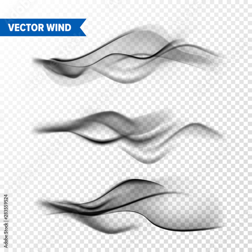 Realistic Wind Set on Transparent Background. Vector Vapor in Air, Smoke Steam Flow. Fog, Mist Effect.
