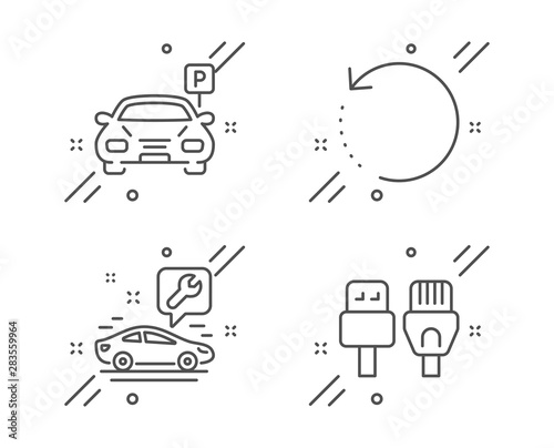 Car service, Parking and Recovery data line icons set. Computer cables sign. Repair service, Car park, Backup info. Rj45 internet. Technology set. Line car service outline icon. Vector