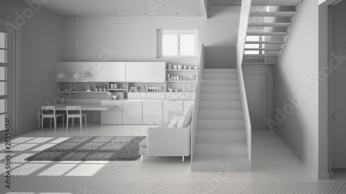 Total white project of minimalist modern kitchen in contemporary open space with clean staircase, living room with sofa and carpet, interior design architecture concept idea