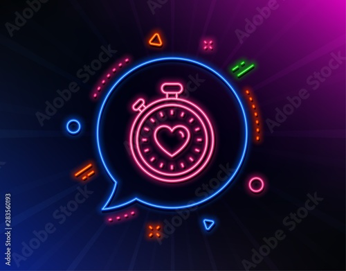 Heart in Timer line icon. Neon laser lights. Love symbol. Valentines day stopwatch sign. Glow laser speech bubble. Neon lights chat bubble. Banner badge with heartbeat timer icon. Vector